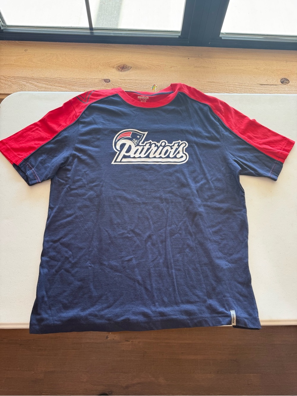 Reebok Navy and Red Patriots Raglan Logo Tee